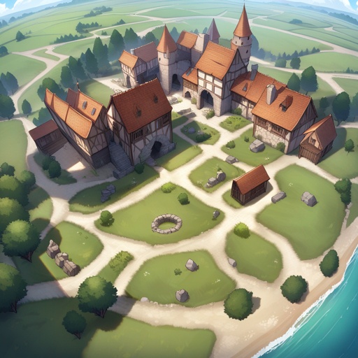 Ruins of a medieval village,with a lot of housesin ruins+++, flat lands, viewed from the sky, JRPG environment