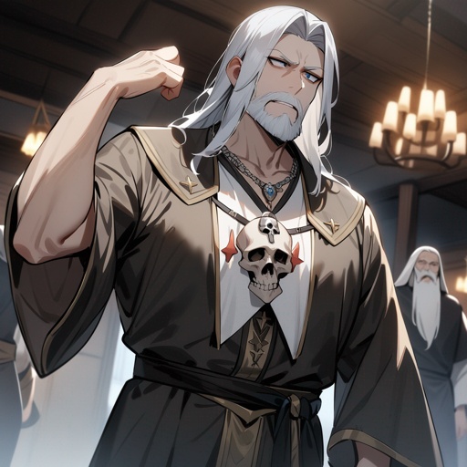 One middle aged man+++, medieval great priest of the dead, blue eyes, white beard, long grey hair, a skull pendant on the chest