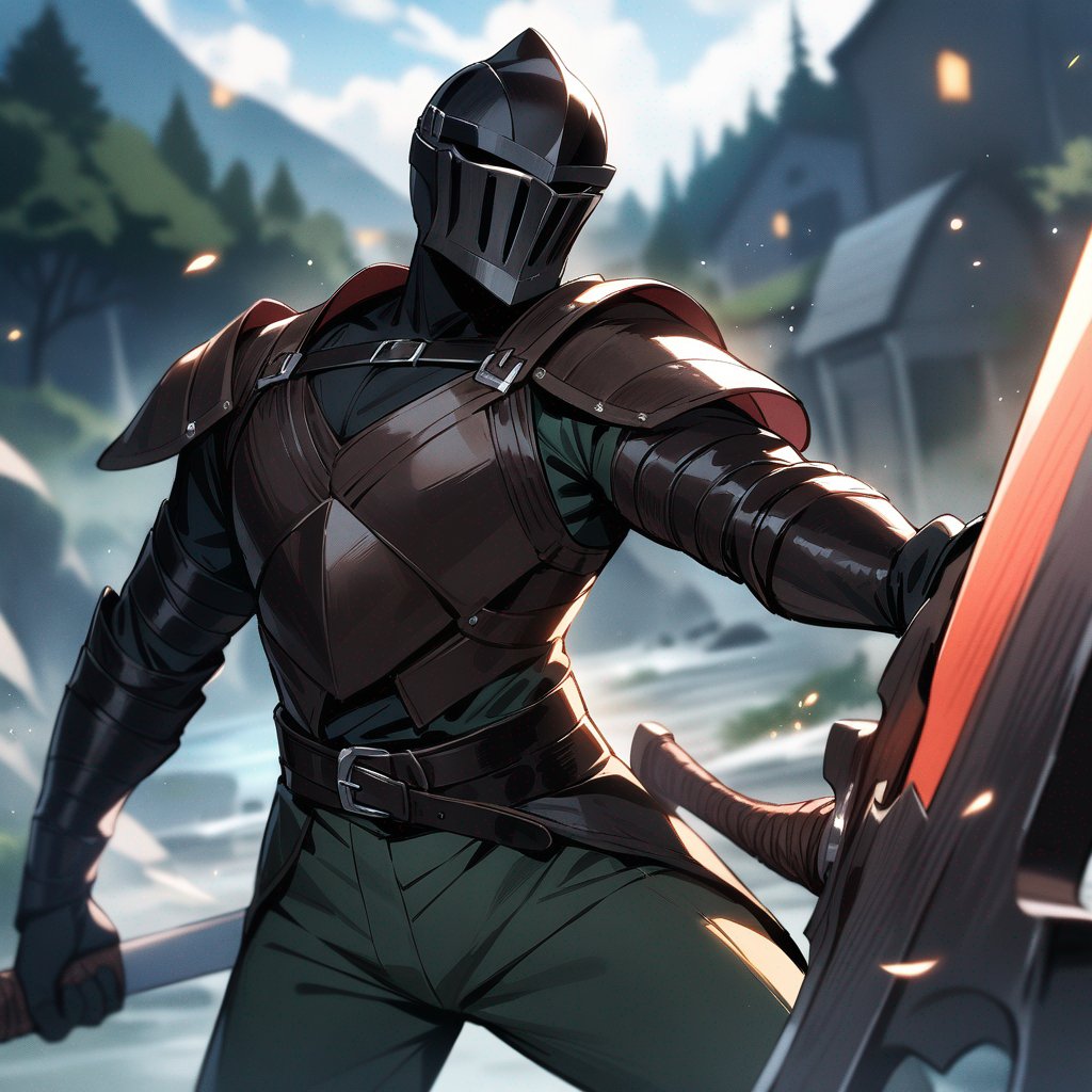 One guy swordman with a broadsword and leather armor

