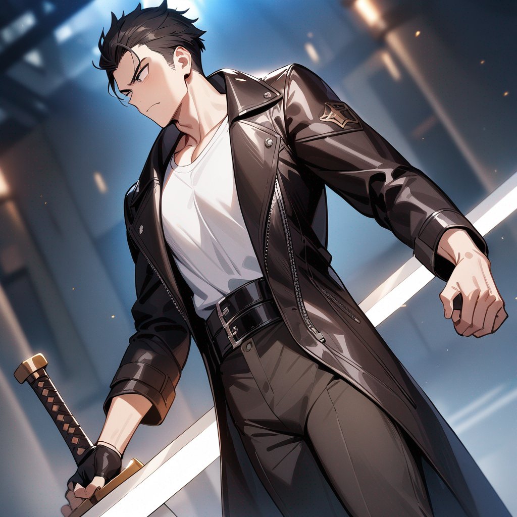 One guy white shirt with leather coat and pants and a great sword
