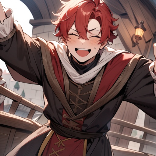 One man+++, red head, short curly hair, big smile on his face, medieval clothes, on a medieval boat