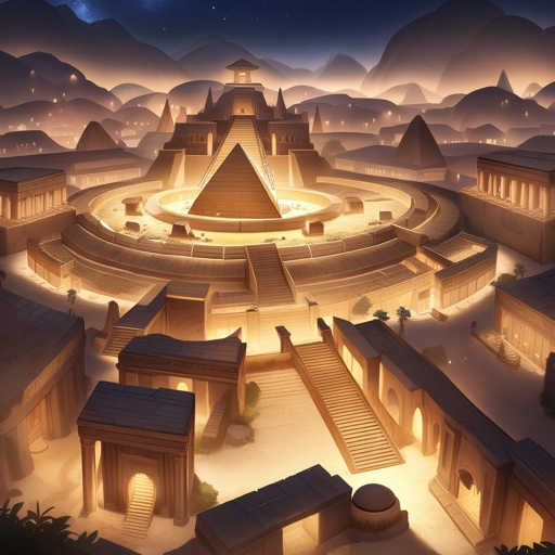 Ancient egyptian city, at night, necropolis elements, JRPG environment art