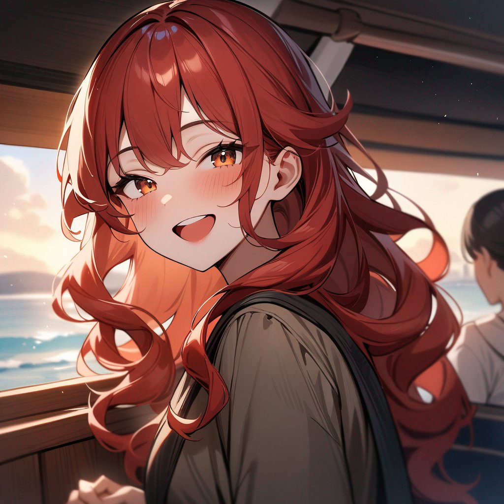 One woman, red head, long curly hair, big smile on her face, abord a boat with passengers