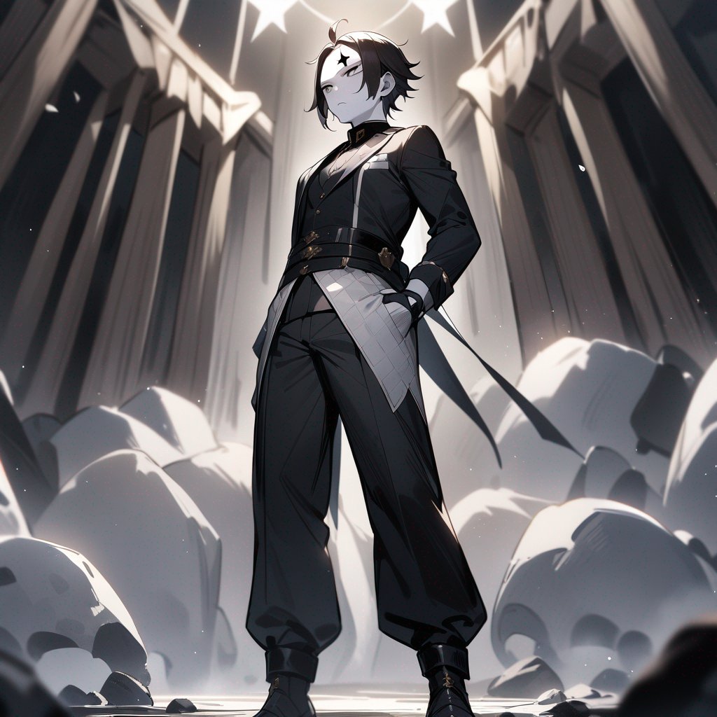 One guy, standing still, white skin, a four pointed black star on the forehead