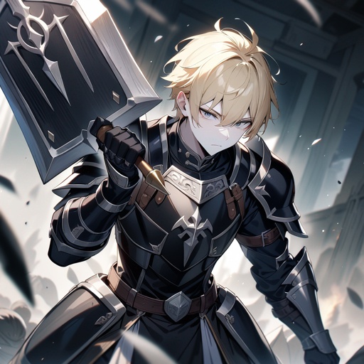 A male knight with black armor. Blond with grey eyes, pale skin, and a four star in the middle of the forhead. In wright hand a big axe, in left hand a runic shield