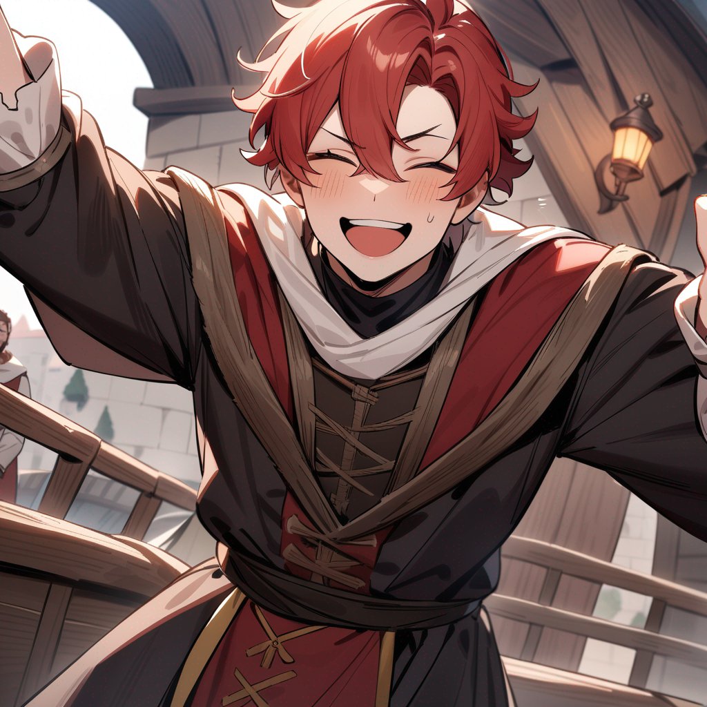 One man+++, red head, short curly hair, big smile on his face, medieval clothes, on a medieval boat