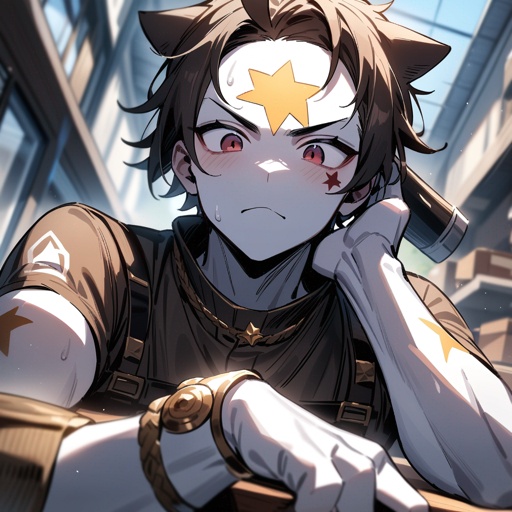 One guy, white skin, a star tatooed on the forehead