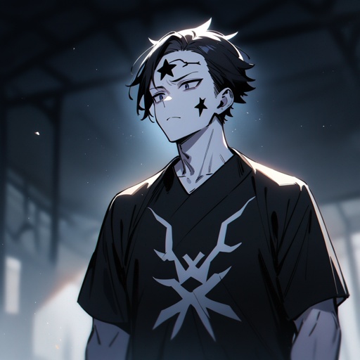 One guy, white skin, a four branch black star tatooed on the forehead