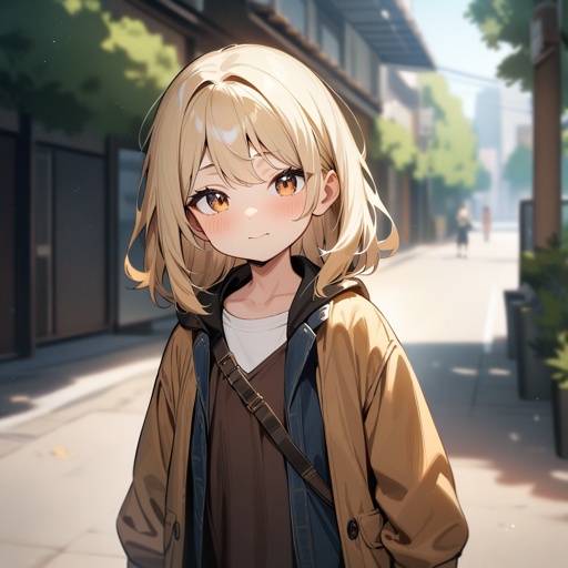 A girl, six years old, blonde hairs, dressed like a hobo