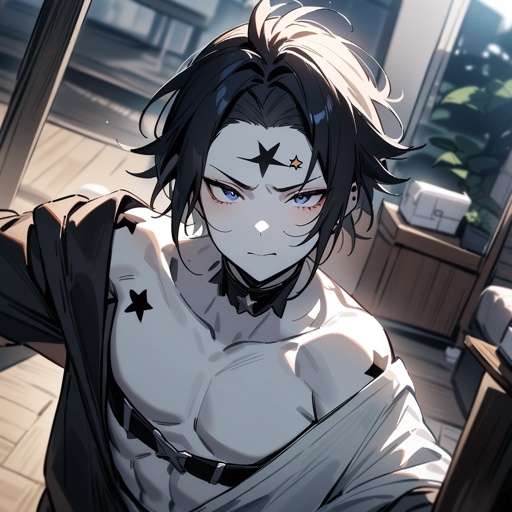 One guy, white skin, a star tatooed on the forehead