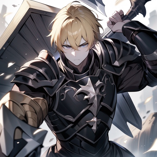 A male knight with black armor. Blond with grey eyes, pale skin, and a four star in the middle of the forhead. In wright hand an axe, in left hand a shield with rune