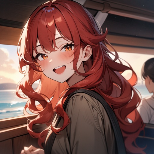 One woman, red head, long curly hair, big smile on her face, abord a boat with passengers