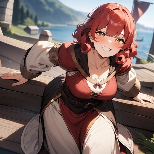 One woman, red head, muscular, looks like a male, short curly hair, big smile on her face, medieval clothes, on a medieval boat