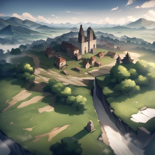 Ruins of a town, flat lands, viewed from the sky, JRPG environment