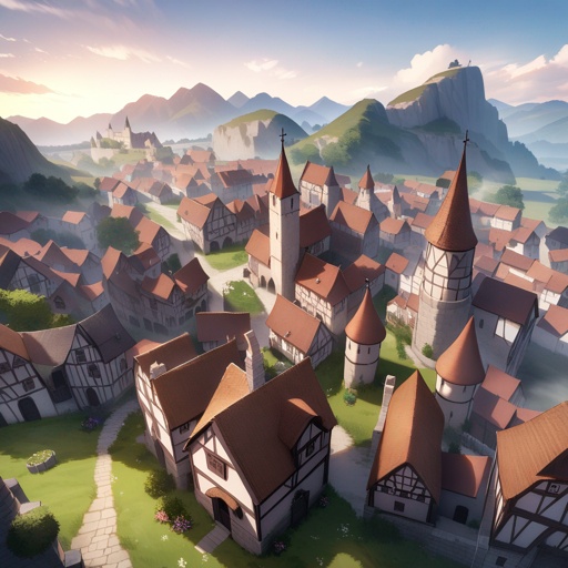 Medieval town, lively, viewed from the sky, JRPG environment