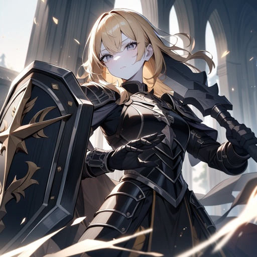 A knight with black armor. Blond with grey eyes, pale skin, and a four star in the middle of the forhead. In wright hand a big axe, in left hand a runic shield