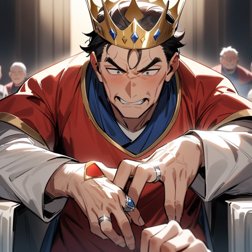 One middle aged man+++, a king with a golden crown, red and blue tunic, a ring on each finger
