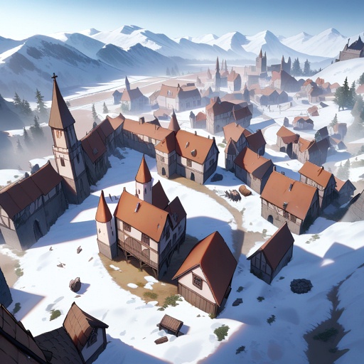 Medieval village, buildings destroyed and covered by ice, flat lands, viewed from the sky, JRPG environment