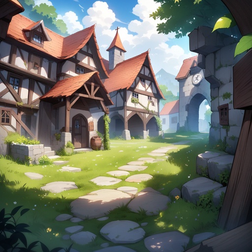 Time-worn ruins of a small medieval town, nature reclaiming buildings, JRPG lost world