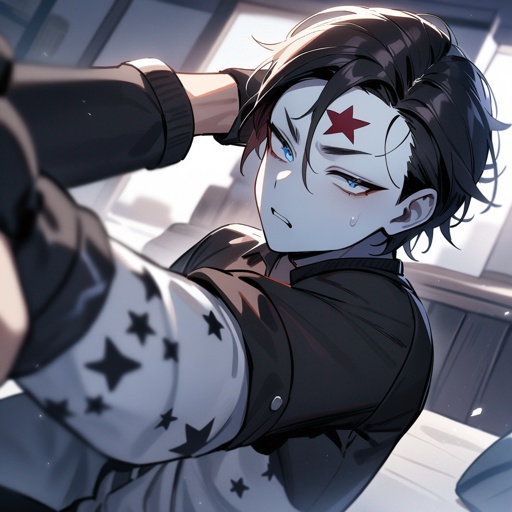 One guy, white skin, a star tatooed on the forehead