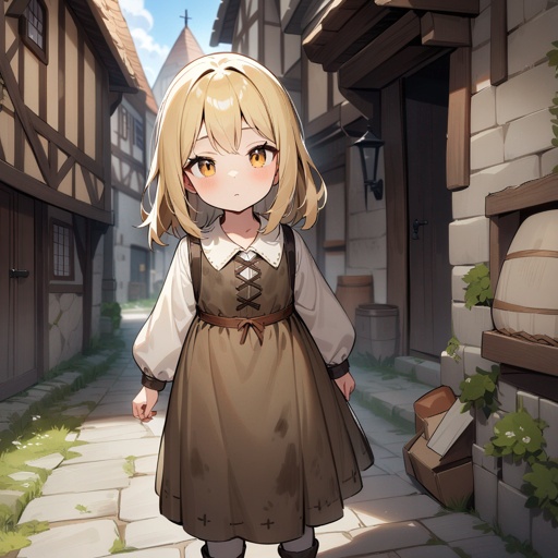 A girl, six years old, blonde hairs, Homeless, medieval dirty clothes, in a medieval town