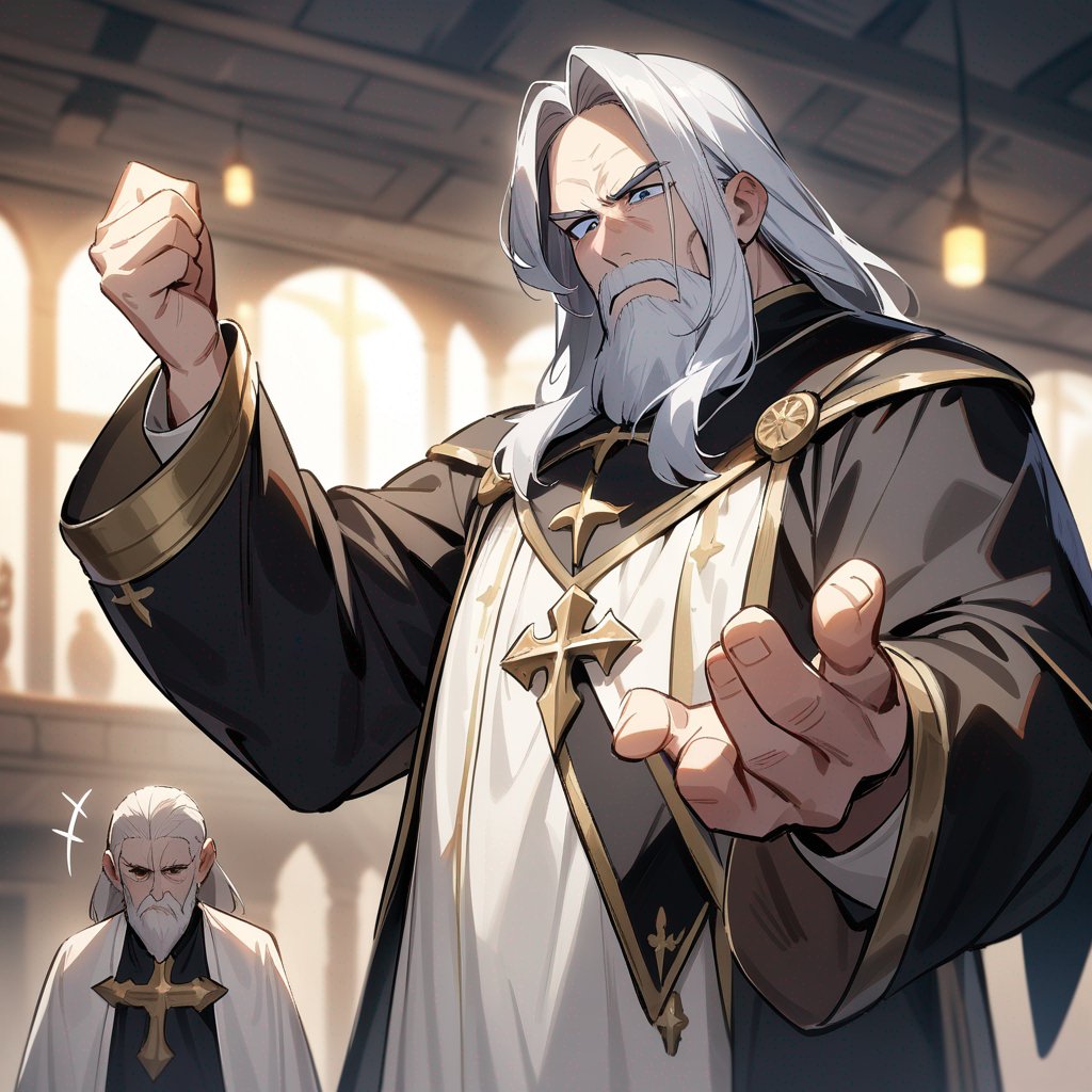 One middle aged man+++, medieval great priest of the dead, blue eyes, white beard, long grey hair
