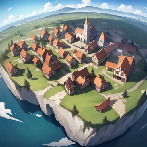 Ruins of a medieval village,with a lot of houses destroyed, flat lands, viewed from the sky, JRPG environment