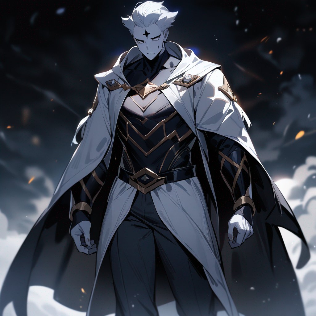 One guy, standing still, white skin, a four pointed black star on the forehead