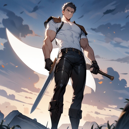 One guy, white shirt, leather shoulders, leather pants and boots, a great sword in the right hand