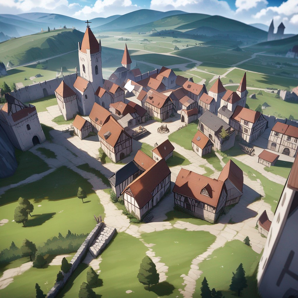 Medieval town in ruins, flat lands, viewed from the sky, JRPG environment
