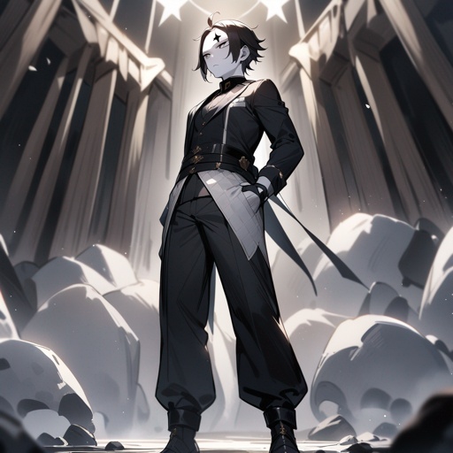 One guy, standing still, white skin, a four pointed black star on the forehead