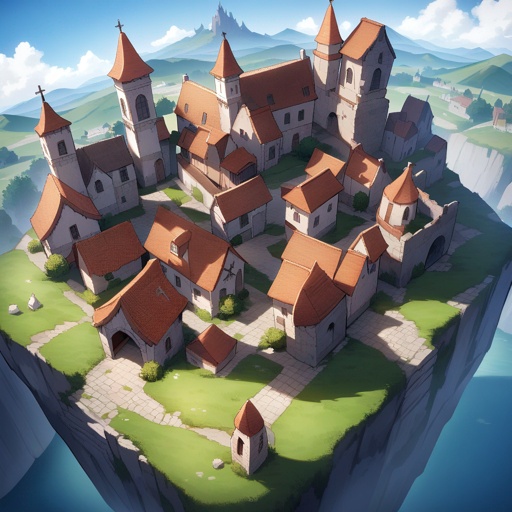 Time-worn ruins of a small medieval town, viewed from the sky, JRPG lost world