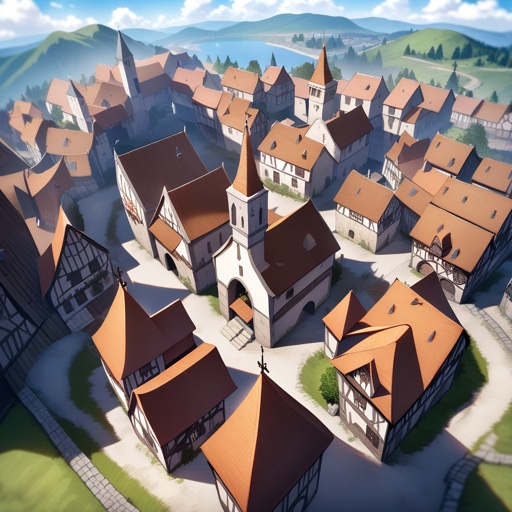Medieval town, viewed from the sky, JRPG environment