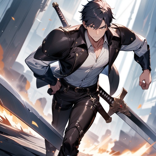 One guy, white shirt, leather shoulders, leather pants and boots, a great sword in the right hand