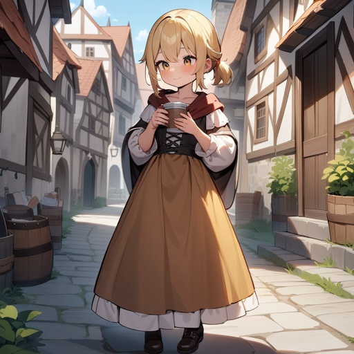 A girl, six years old, blonde hairs, Homeless, medieval clothes, in a medieval town