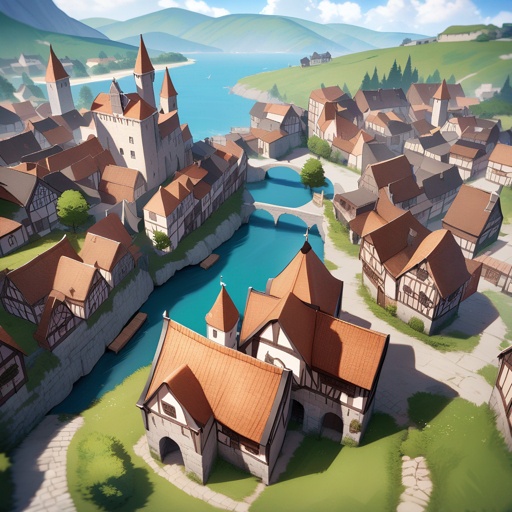 Medieval town, near the sea, viewed from the sky, JRPG environment