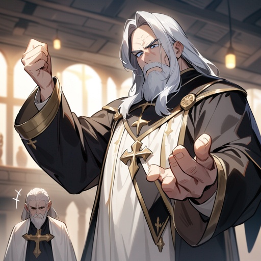 One middle aged man+++, medieval great priest of the dead, blue eyes, white beard, long grey hair