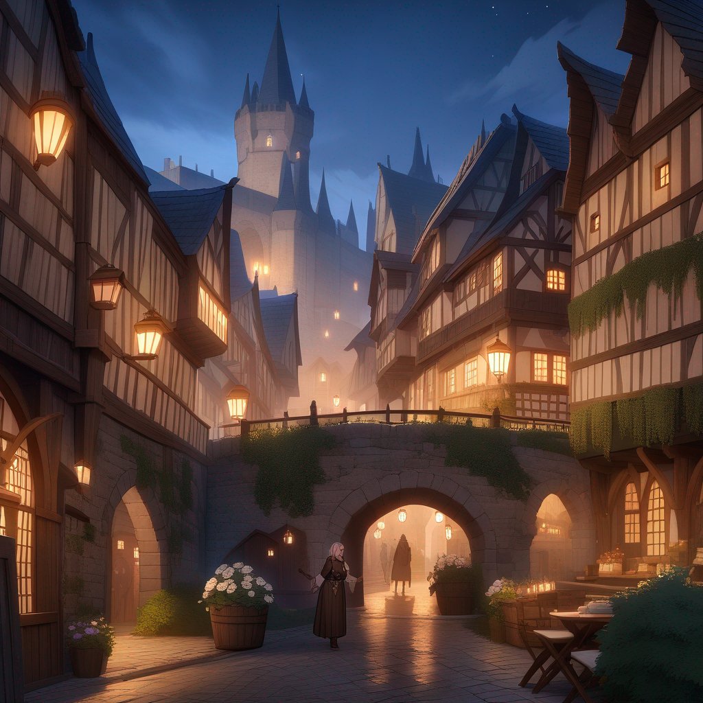 Great medieval city, at night, JRPG environment art