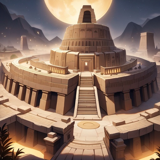 Ancient egyptian city, at night, necropolis elements, JRPG environment art