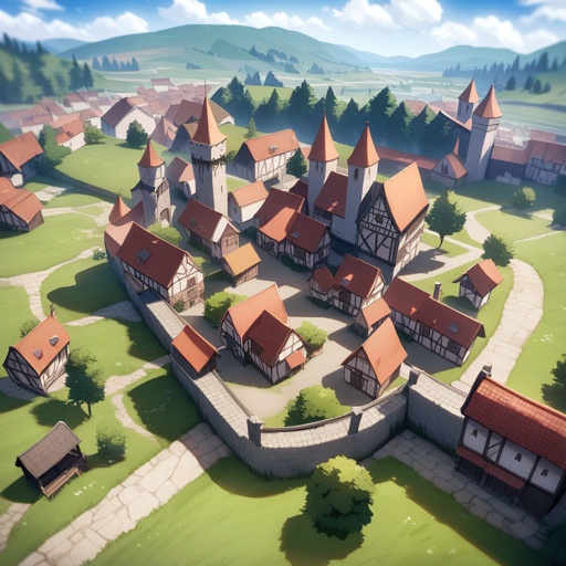 Medieval town, lively, flat lands, viewed from the sky, JRPG environment