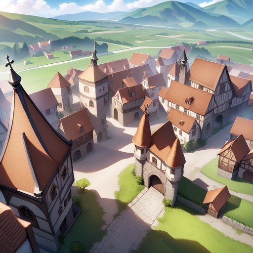 Medieval town, lively, surounded by plains, viewed from the sky, JRPG environment