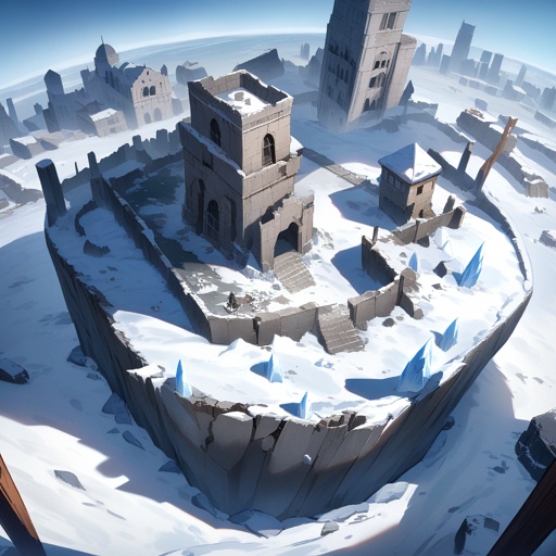 Ruins, buildings destroyed and covered by ice, flat lands, viewed from the sky, JRPG environment