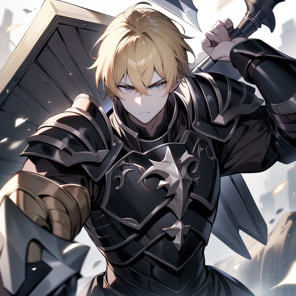 A male knight with black armor. Blond with grey eyes, pale skin, and a four star in the middle of the forhead. In wright hand an axe, in left hand a shield with rune