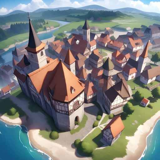 Small medieval town, near the sea, viewed from the sky, JRPG environment
