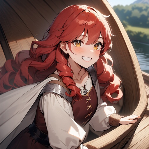 One woman, red head, muscular, tomboy, long curly hair, big smile on her face, medieval clothes, on a medieval boat