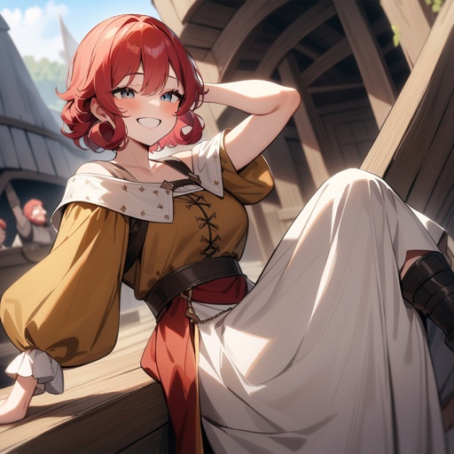 One man, red head, short curly hair, big smile on her face, medieval clothes, on a medieval boat
