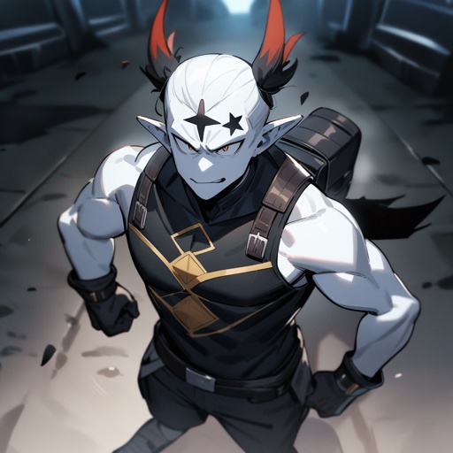 One guy, sranding still, white skin, a four pointed black star on the forehead