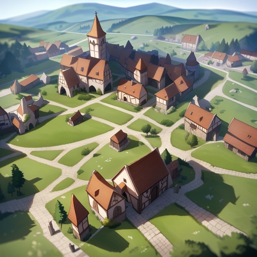 Medieval village, buildings destroyed, flat lands, viewed from the sky, JRPG environment