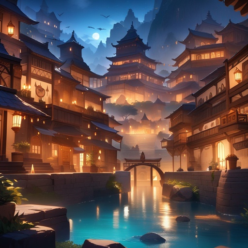Ancient city, at night, JRPG environment art