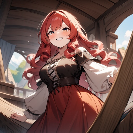 One woman, red head, long curly hair, big smile on her face, medieval clothes, on a medieval boat